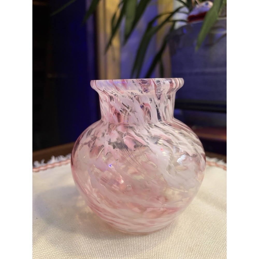 Vintage Hand Blown Pink White Swirl Art Glass Vase - Flawless Condition